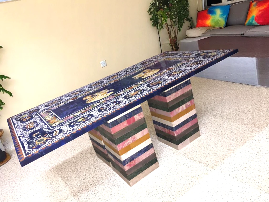 Pietradura Marble Dining Table Lapis Inlay Mosaic Handicraft Indian Art